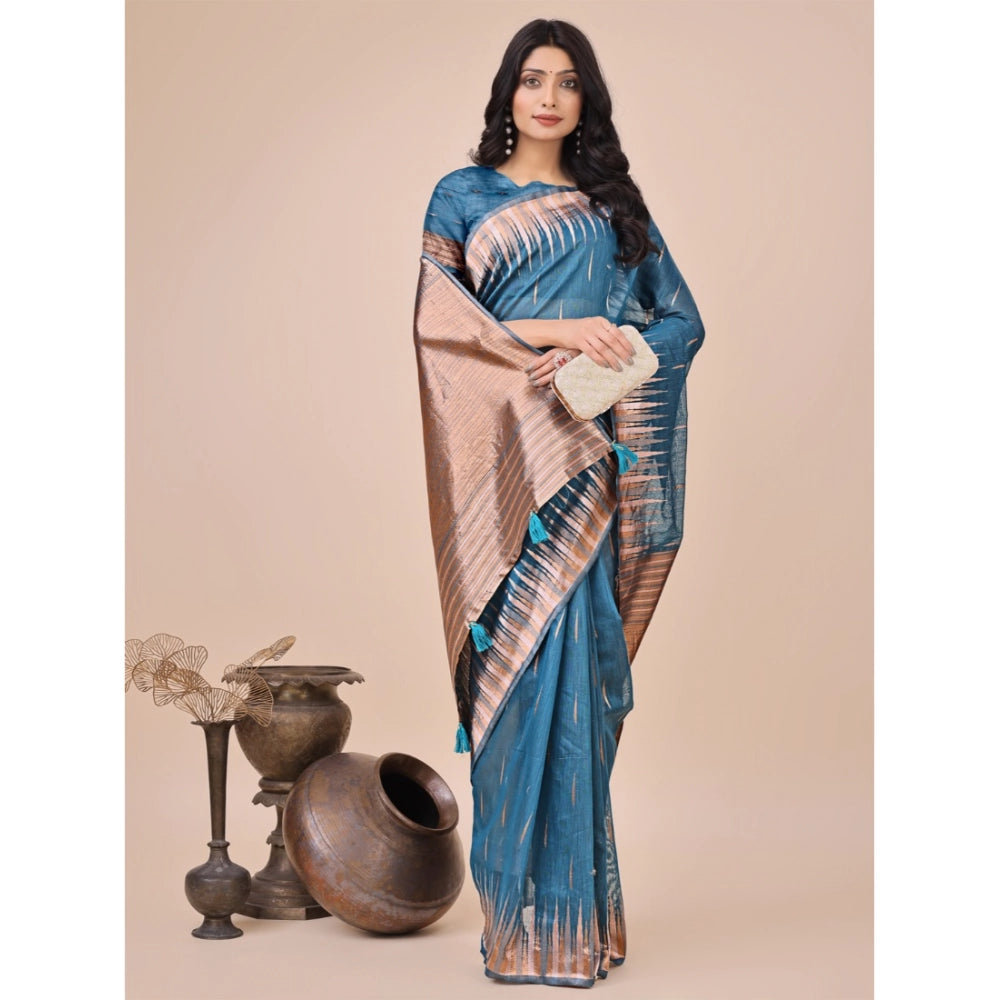 Blue linen cotton saree for women — pallu detail