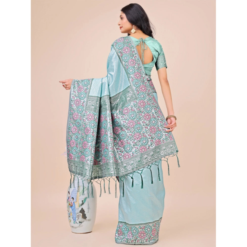Teal lichi silk saree for women — pallu detail