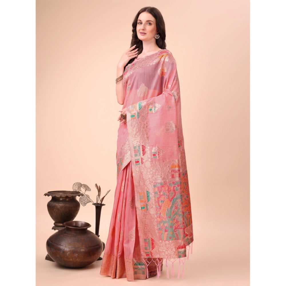 Pink linen cotton saree for women — full drape view