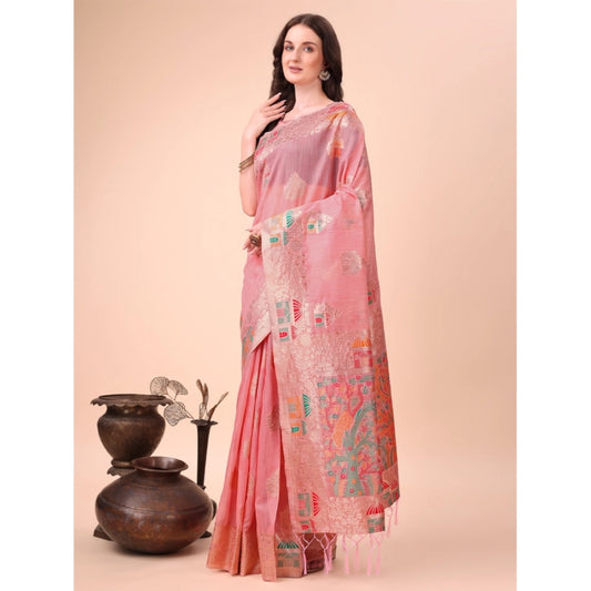 Pink linen cotton saree for women — full drape view