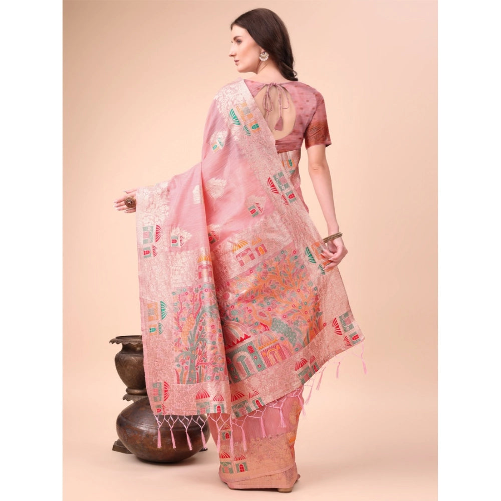 Pink linen cotton saree for women — pallu detail