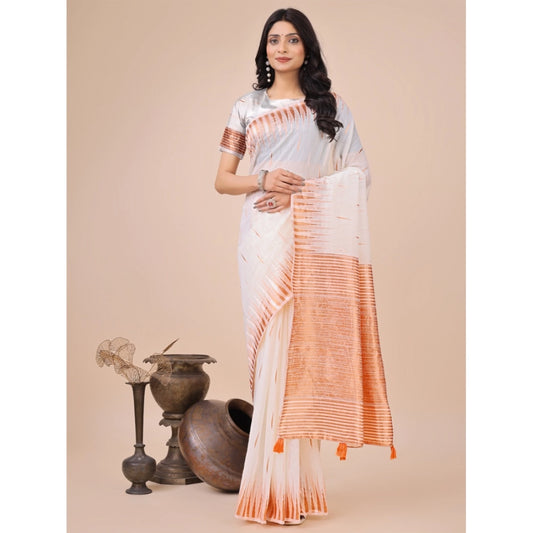 White linen cotton saree for women — full drape view