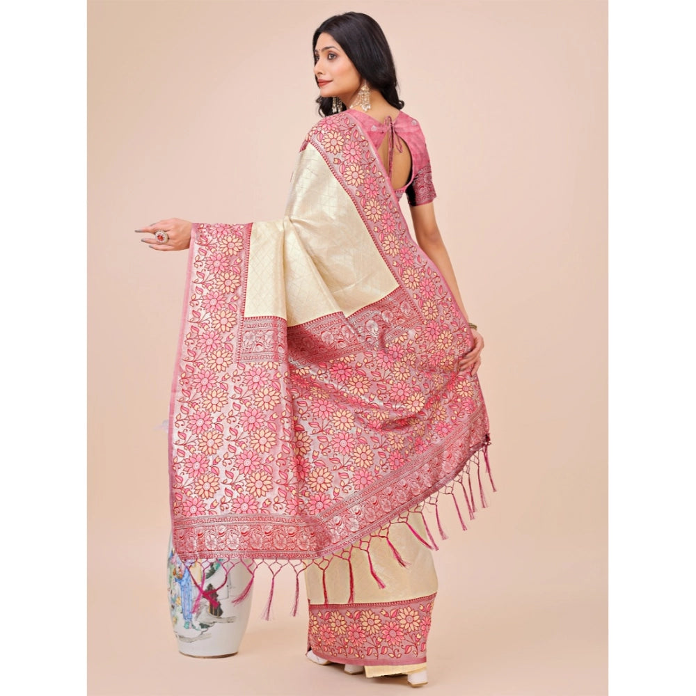 Cream lichi silk saree for women — pallu detail