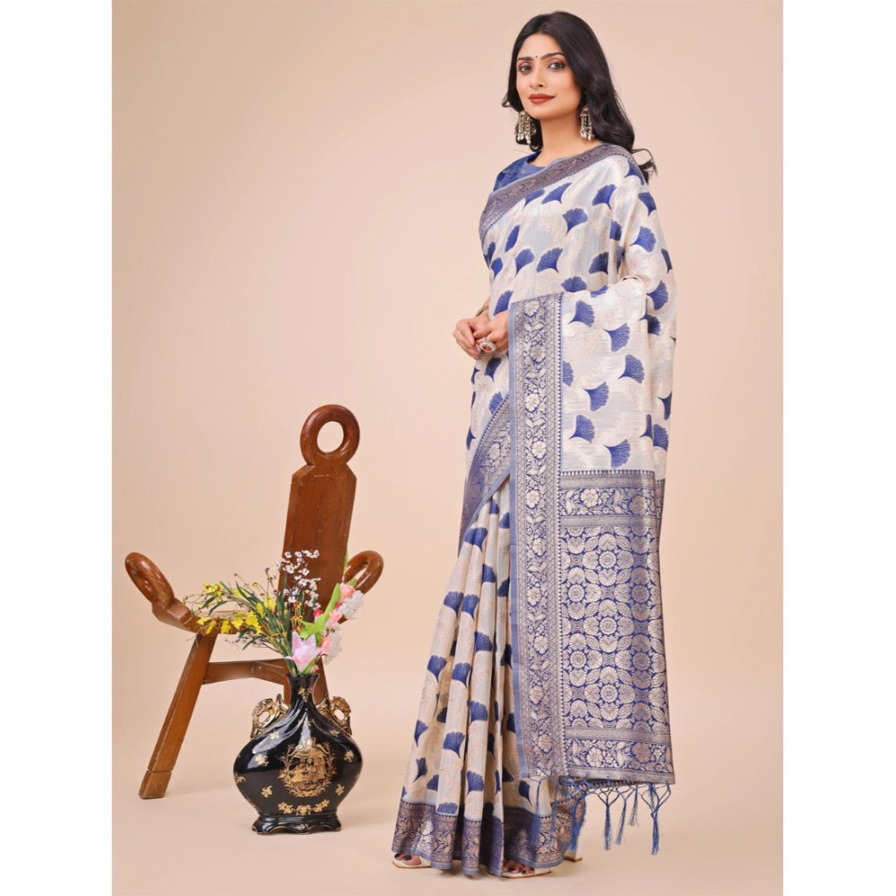 Blue linen cotton saree for women — full drape view