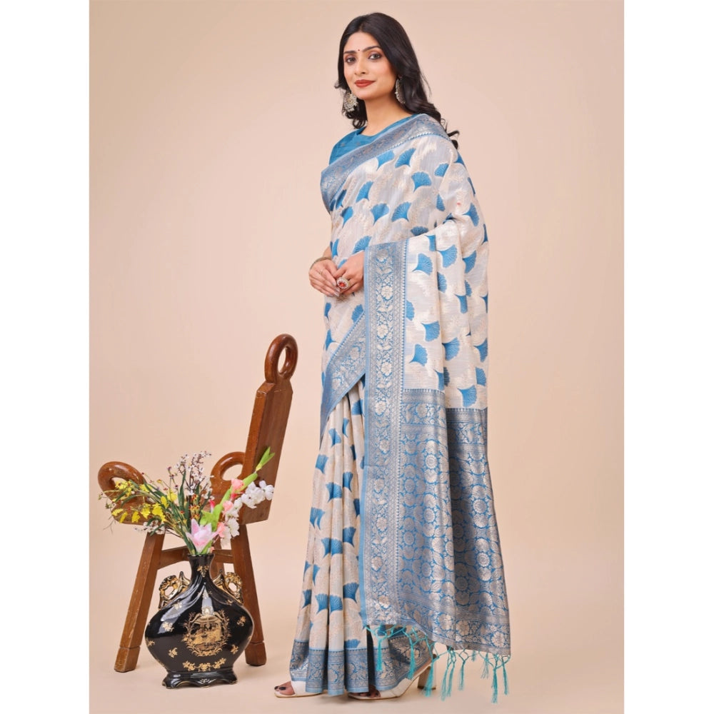 Sky Blue linen cotton saree for women — full drape view