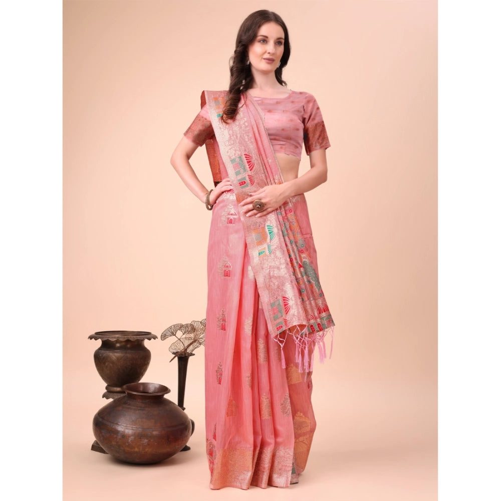 Pink linen cotton saree for women — pallu detail
