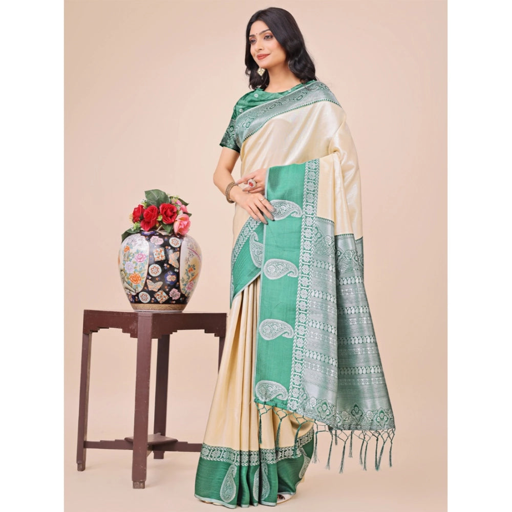 Cream lichi silk saree for women — full drape view