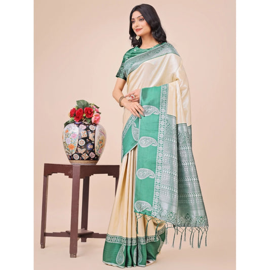 Cream lichi silk saree for women — full drape view