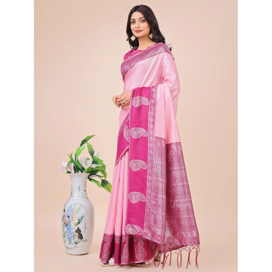 Light Pink lichi silk saree for women — full drape view