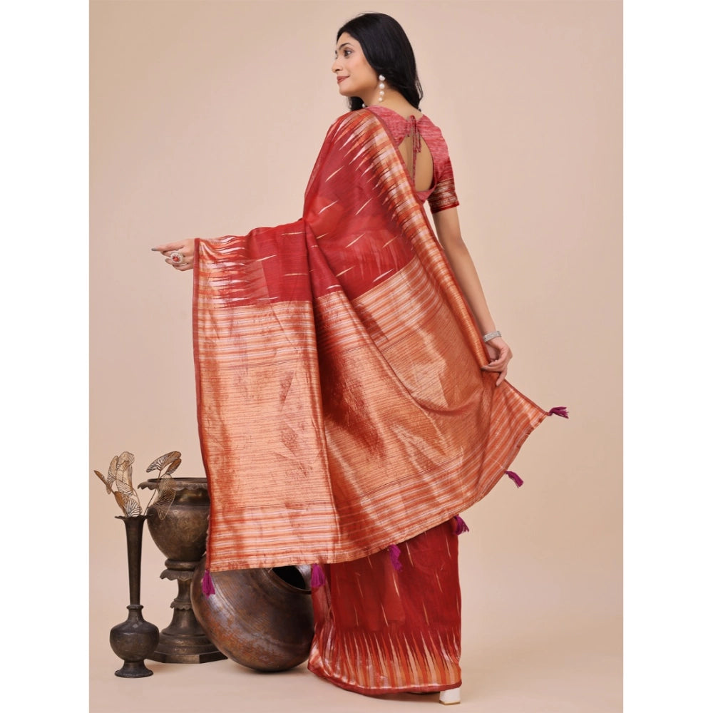Red linen cotton saree for women — pallu detail