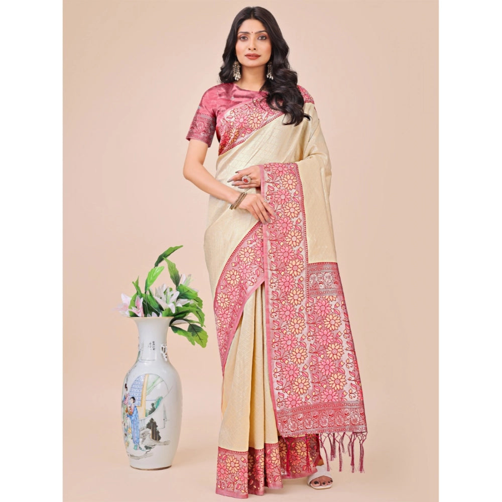 Cream lichi silk saree for women — full drape view