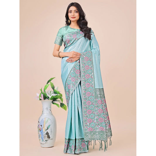 Teal lichi silk saree for women — full drape view