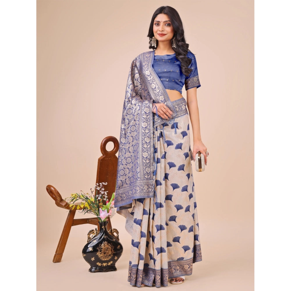 Blue linen cotton saree for women — pallu detail