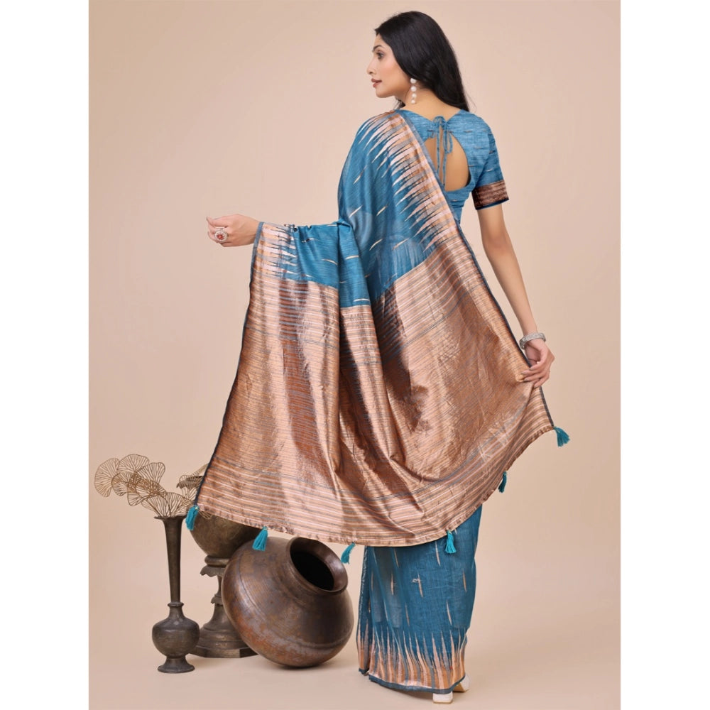 Blue linen cotton saree for women — pallu detail