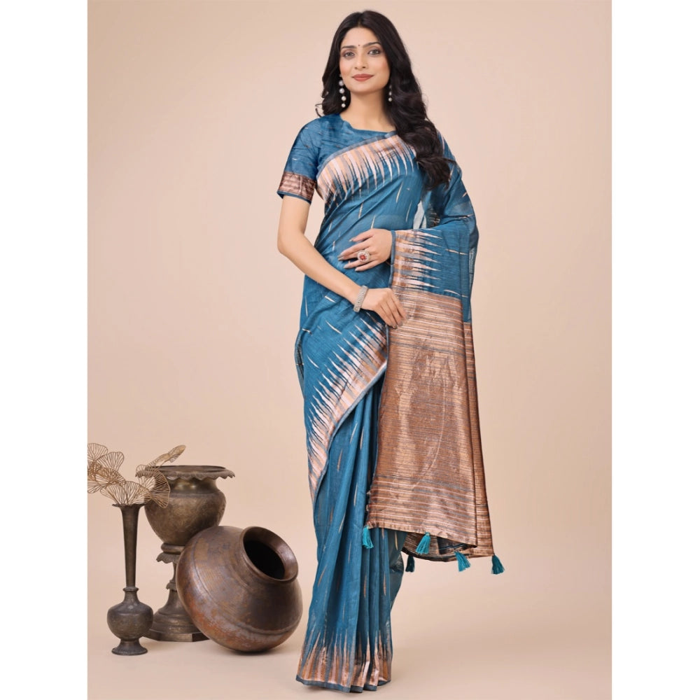 Blue linen cotton saree for women — full drape view