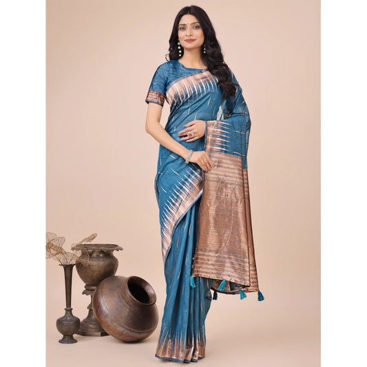 Blue linen cotton saree for women — full drape view