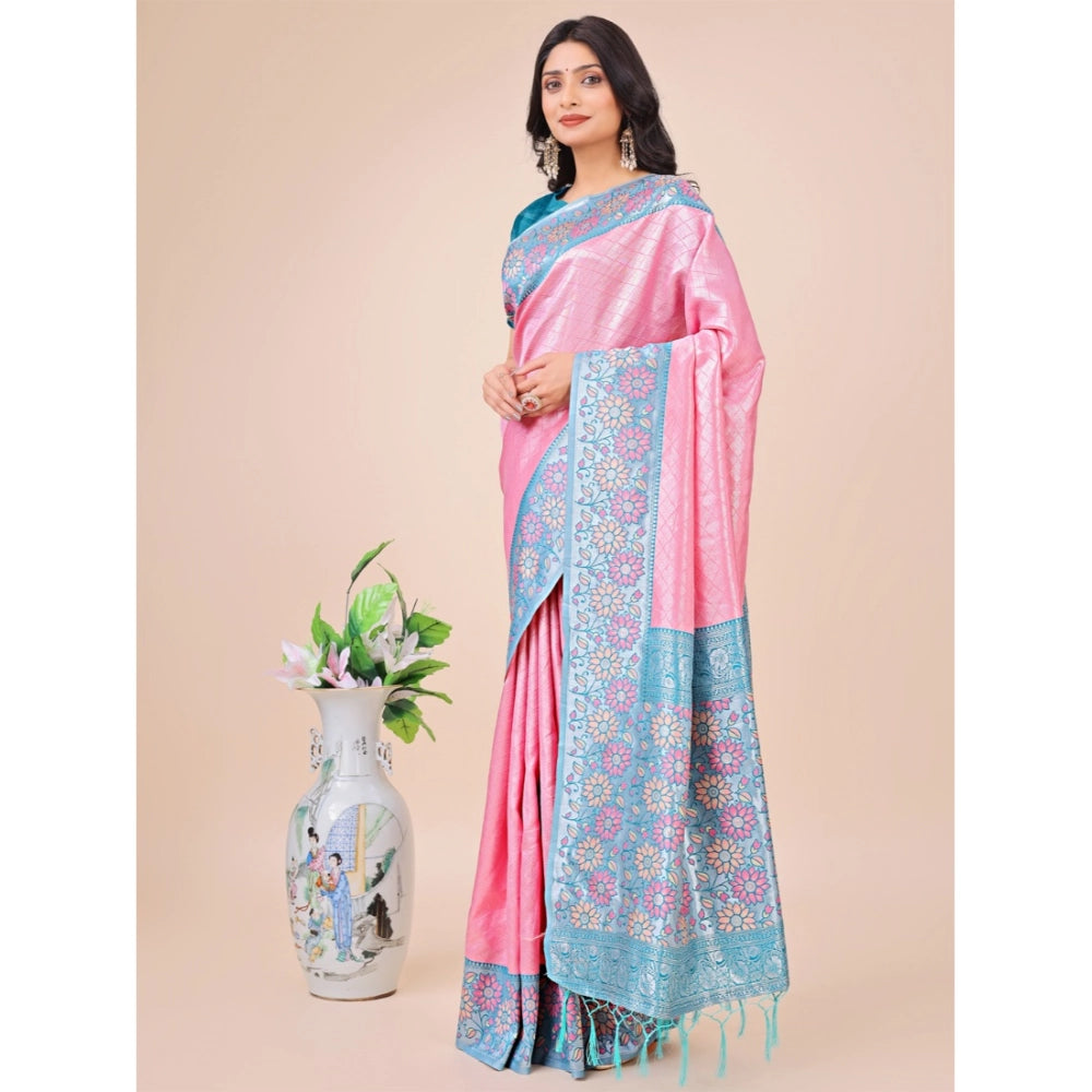 Pink lichi silk saree for women — pallu detail