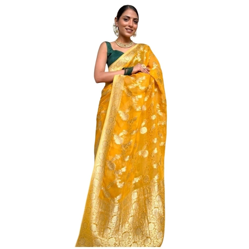 Gold Yellow silk saree for women — full drape view