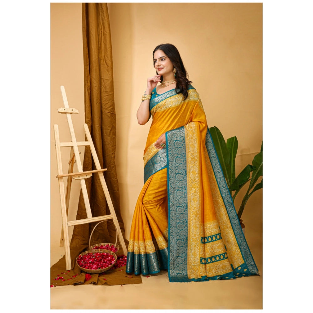 Women's Soft Dola Cotton Kalamkari Printed Saree With Unstitched Blouse 5.5Mtr (Yellow)