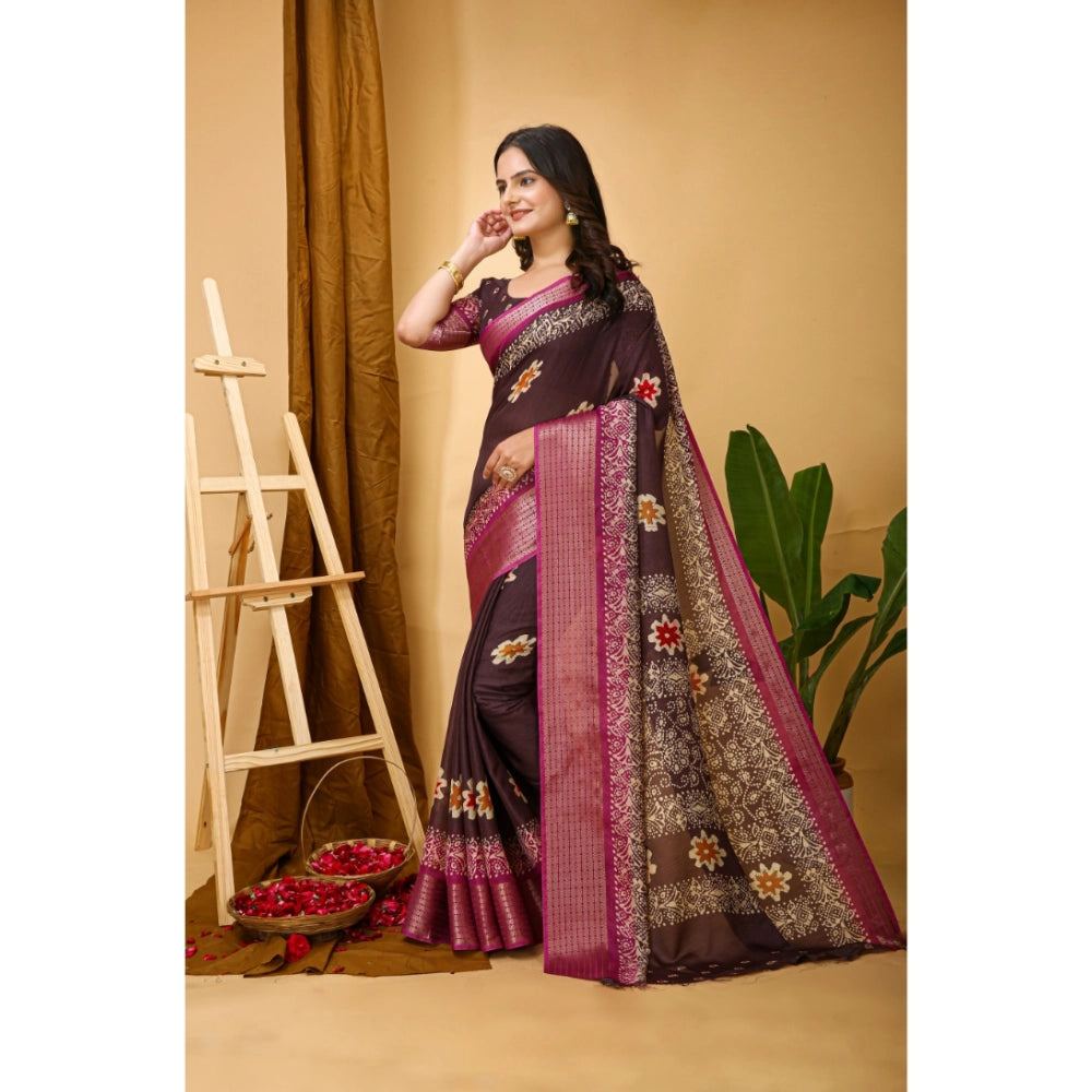 Women's Soft Blooming Marshmallow Fabric Kalamkari Printed Saree With Unstitched Blouse 5.5Mtr (Maroon)