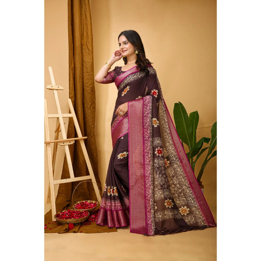 Women's Soft Blooming Marshmallow Fabric Kalamkari Printed Saree With Unstitched Blouse 5.5Mtr (Maroon)