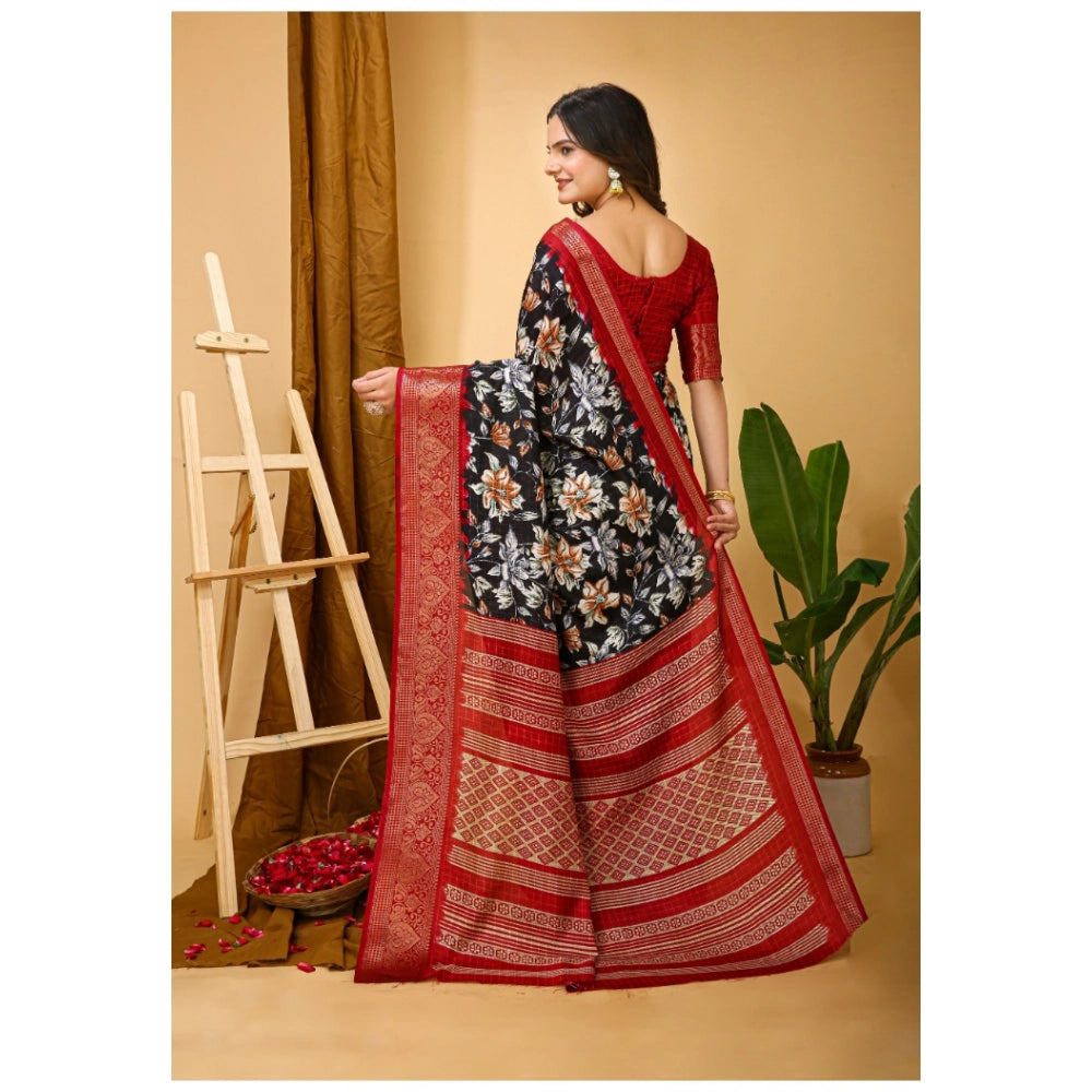 Women's Soft Dola Cotton Kalamkari Printed Saree With Unstitched Blouse 5.5Mtr (Black)