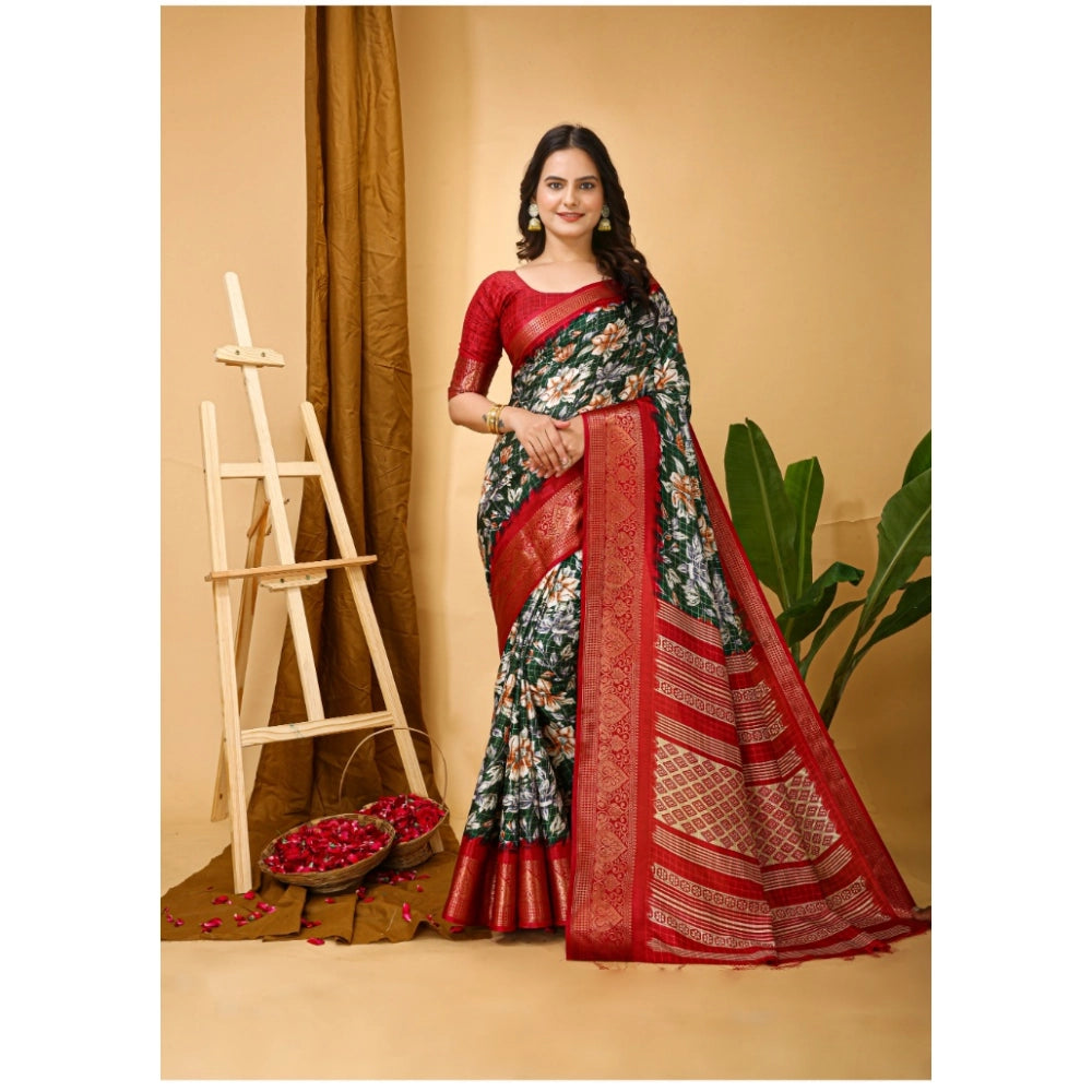 Women's Soft Dola Cotton Kalamkari Printed Saree With Unstitched Blouse 5.5Mtr (Green)