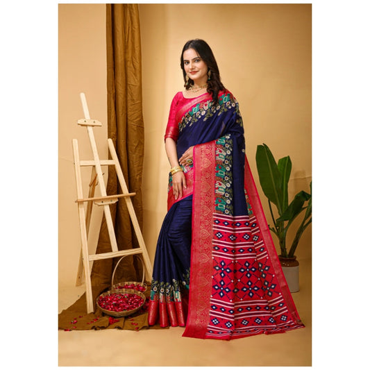 Women's Soft Dola Cotton Kalamkari Printed Saree With Unstitched Blouse 5.5Mtr (Navy Blue)