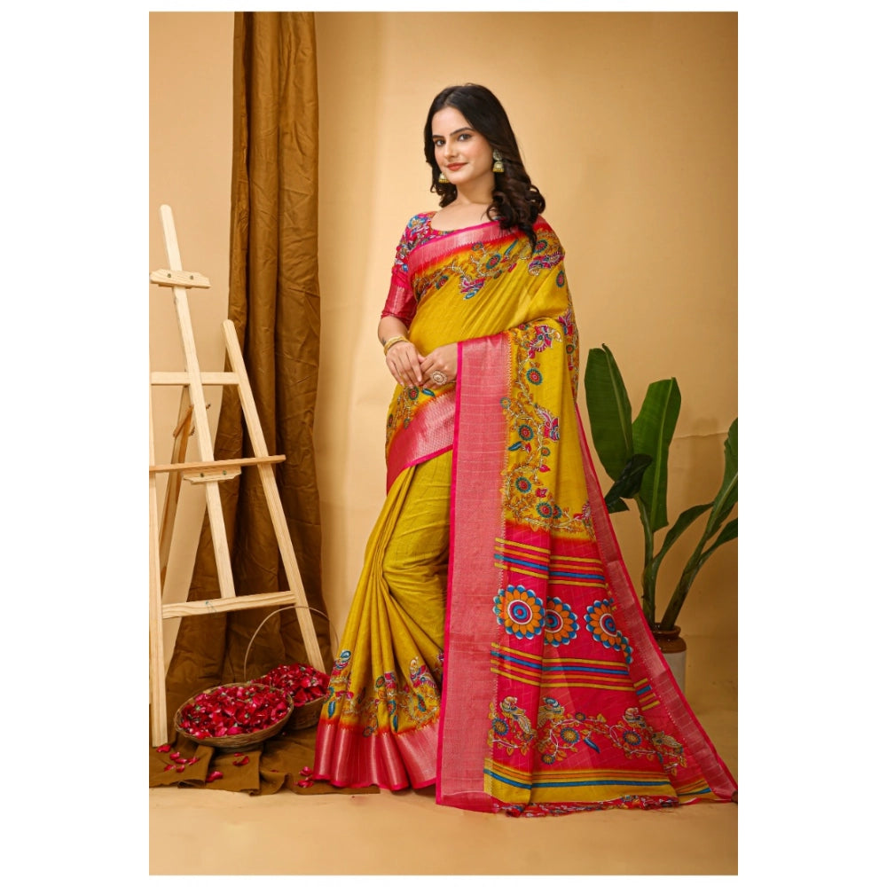 Women's Soft Dola Cotton Kalamkari Printed Saree With Unstitched Blouse 5.5Mtr (Yellow)