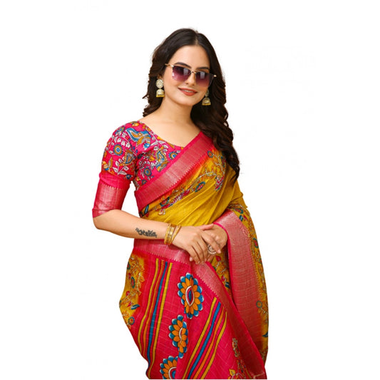 Women's Soft Dola Cotton Kalamkari Printed Saree With Unstitched Blouse 5.5Mtr (Yellow)