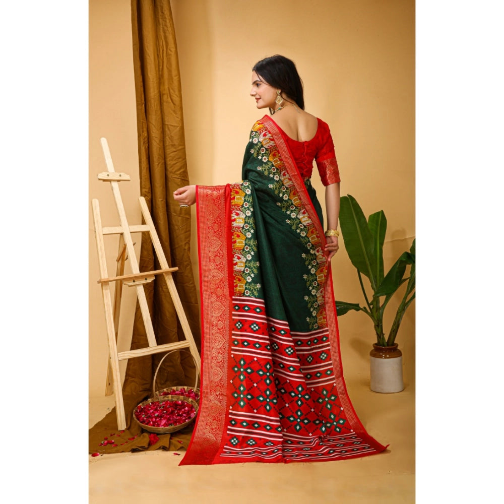 Women's Soft Dola Cotton Kalamkari Printed Saree With Unstitched Blouse 5.5Mtr (Green)