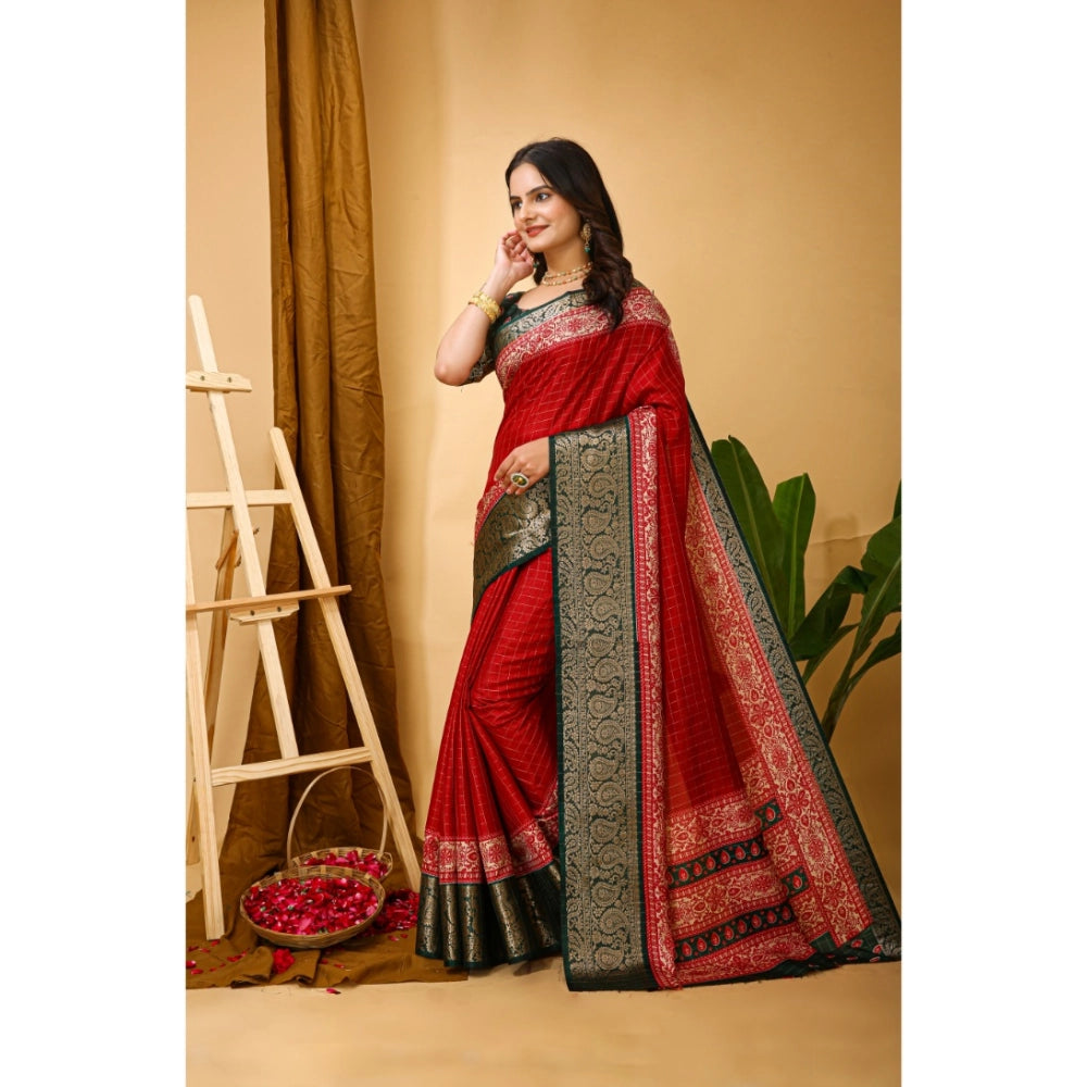 Women's Soft Dola Cotton Kalamkari Printed Saree With Unstitched Blouse 5.5Mtr (Red)