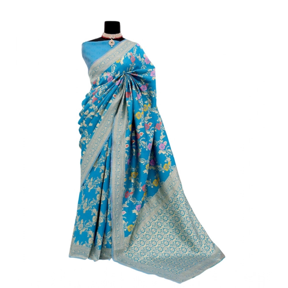 Women's Banarasi Printed Saree With Unstitched Blouse 5.5Mtr (Aqua Blue)