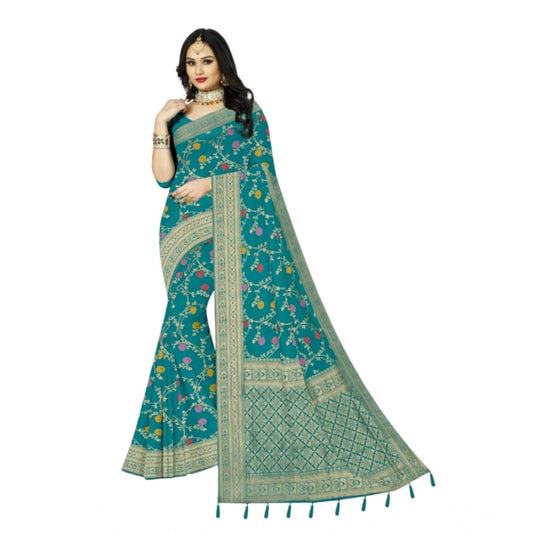 Women's Banarasi Printed Saree With Unstitched Blouse 5.5Mtr (Rama)