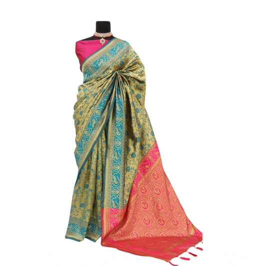 Women's Banarasi Printed Saree With Unstitched Blouse 5.5Mtr (Golden)