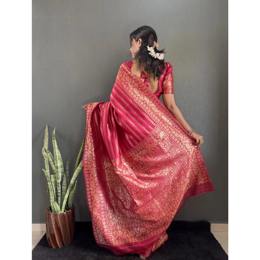 Women's Silk Blend Woven Kanjivaram Saree With Unstitched Blouse (5.5Mtr, Pink)