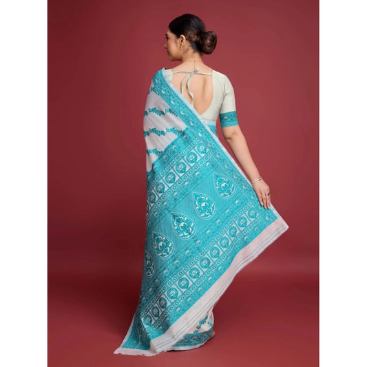 Women's Jamdani Cotton Silk Printed Saree With Unstitched Blouse 5.5Mtr (Rama)