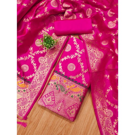 Women's Banarasi Silk Printed Unstitched Salwar Suit Material With Dupatta (Pink, 3Mtrs)