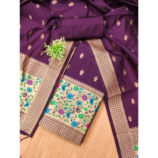 Women's Banarasi Silk Printed Unstitched Salwar Suit Material With Dupatta (Wine, 3Mtrs)