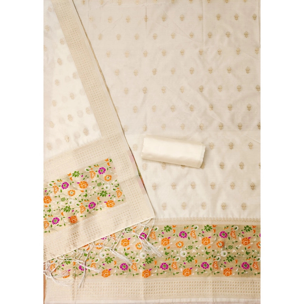 Women's Banarasi Silk Printed Unstitched Salwar Suit Material With Dupatta (White, 3Mtrs)
