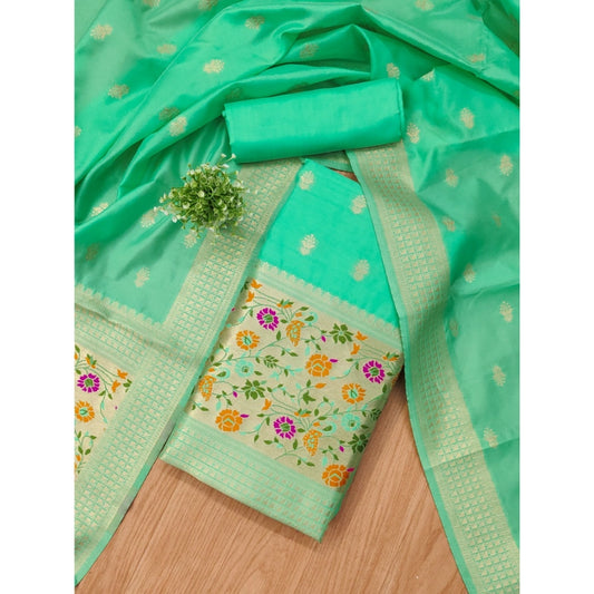 Women's Banarasi Silk Printed Unstitched Salwar Suit Material With Dupatta (Sea Green, 3Mtrs)