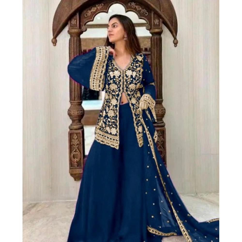 Morpich georgette kurti palazzo dupatta set for women — front view