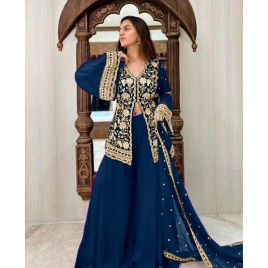 Morpich georgette kurti palazzo dupatta set for women — front view