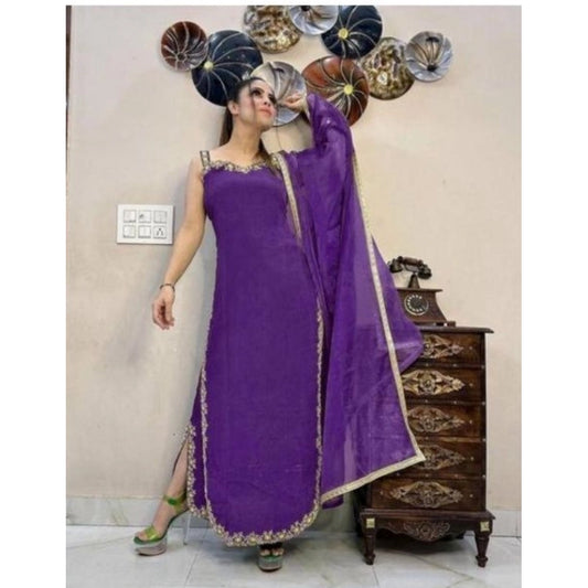 Purple georgette kurti palazzo dupatta set for women — front view