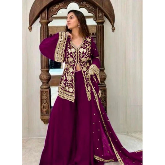 Wine georgette kurti palazzo dupatta set for women — front view