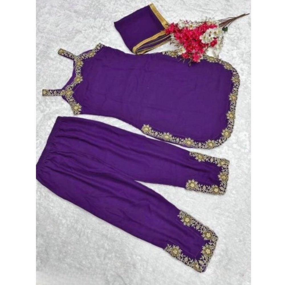 Purple georgette kurti palazzo dupatta set for women — detail view