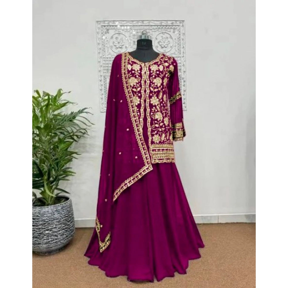 Wine georgette kurti palazzo dupatta set for women — detail view