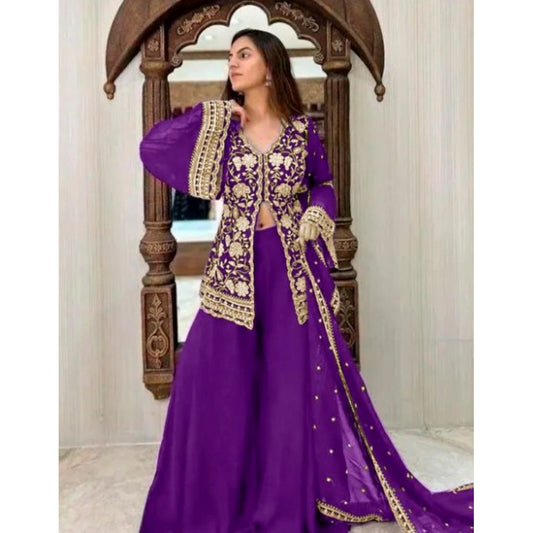 Purple georgette kurti palazzo dupatta set for women — front view