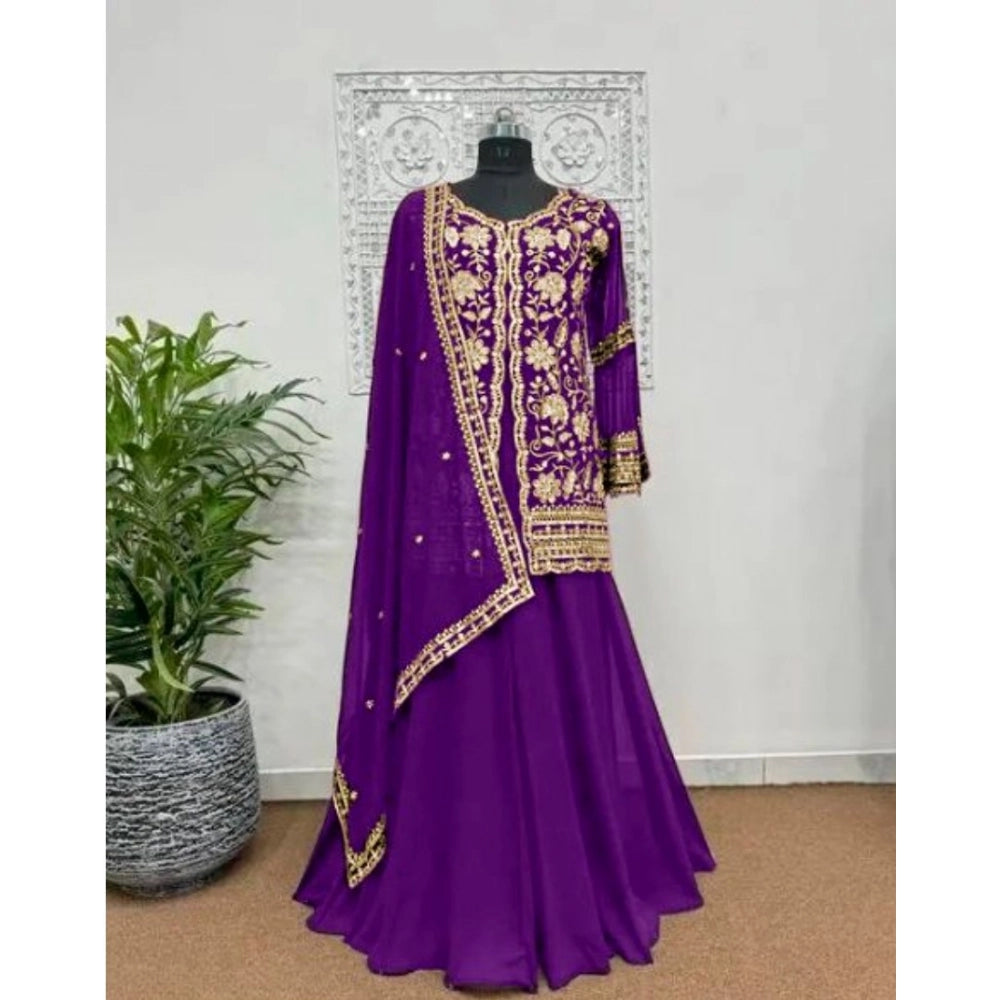Purple georgette kurti palazzo dupatta set for women — detail view