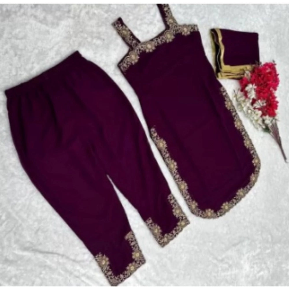 Wine georgette kurti palazzo dupatta set for women — detail view